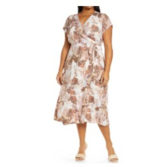Halogen Short Sleeve Midi V-Neck Beige-Purple Wax Paint Wrap Dress XXL - Picture 16 of 16